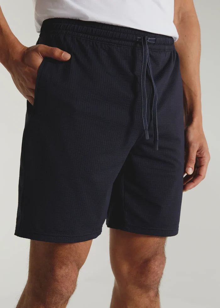 Sutherland Seersucker Stretch Swim Trunk- Navy by 7Diamonds