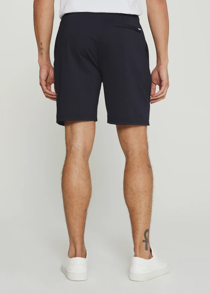 Sutherland Seersucker Stretch Swim Trunk- Navy by 7Diamonds
