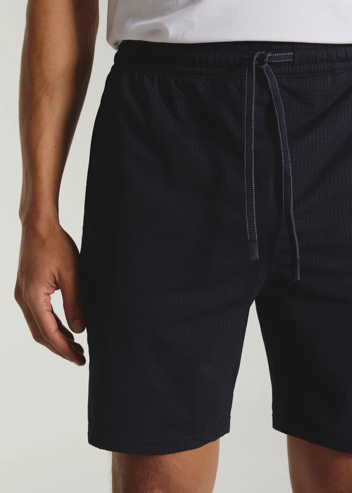 Sutherland Seersucker Stretch Swim Trunk- Navy by 7Diamonds
