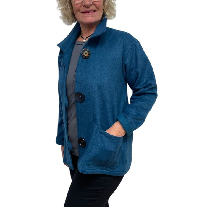 Teal Felted Wool Short Jacket Black Button Loop Pockets