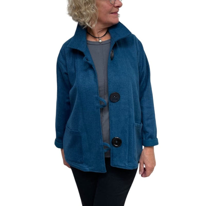Teal Felted Wool Short Jacket Black Button Loop Pockets close look
