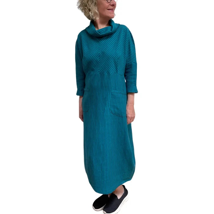 Teal Linen Cotton A-Line Dress Pockets Bias Cut Engayla