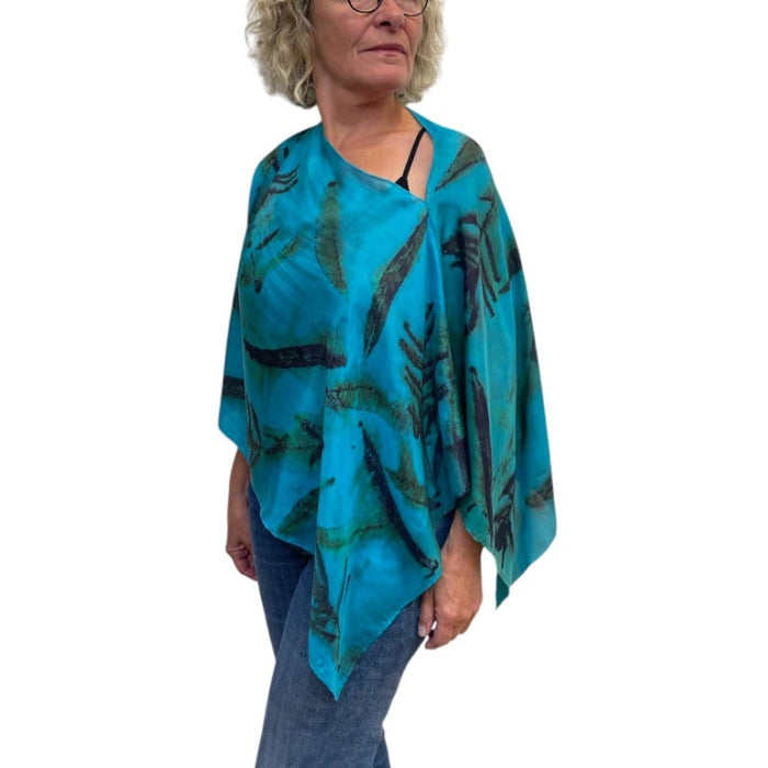 Turquoise Fireweed Eco Print Silk Poncho Botanical | Engayla