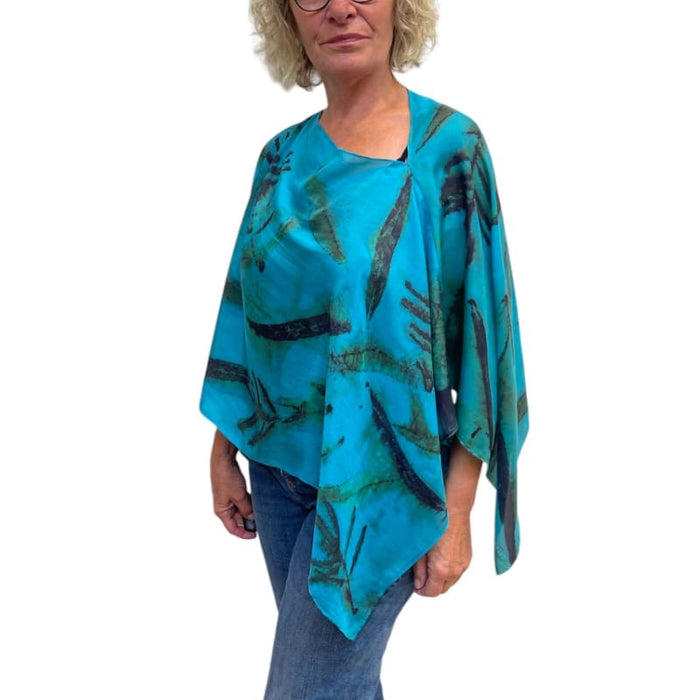 Turquoise Fireweed Eco Print Silk Poncho Botanical | Engayla