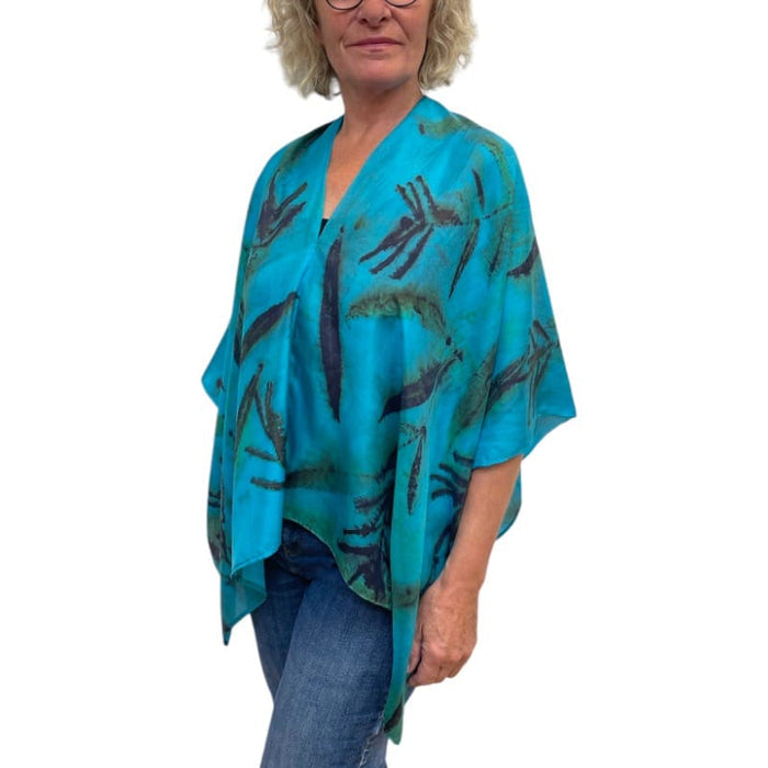 Turquoise Fireweed Eco Print Silk Poncho Botanical | Engayla