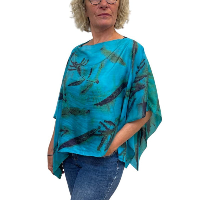 Turquoise Fireweed Eco Print Silk Poncho Botanical | Engayla