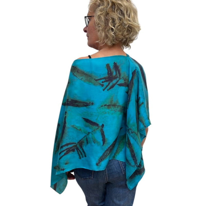 Turquoise Fireweed Eco Print Silk Poncho Botanical | Engayla