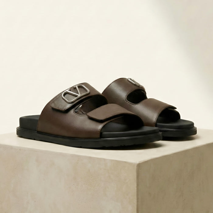 Vltn Leather Slides (Dark Brown) Genuine Cow Leather