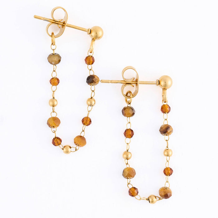 Waterproof Earrings Gemstone Beaded Drop Narelle Gold: Tiger's Eye