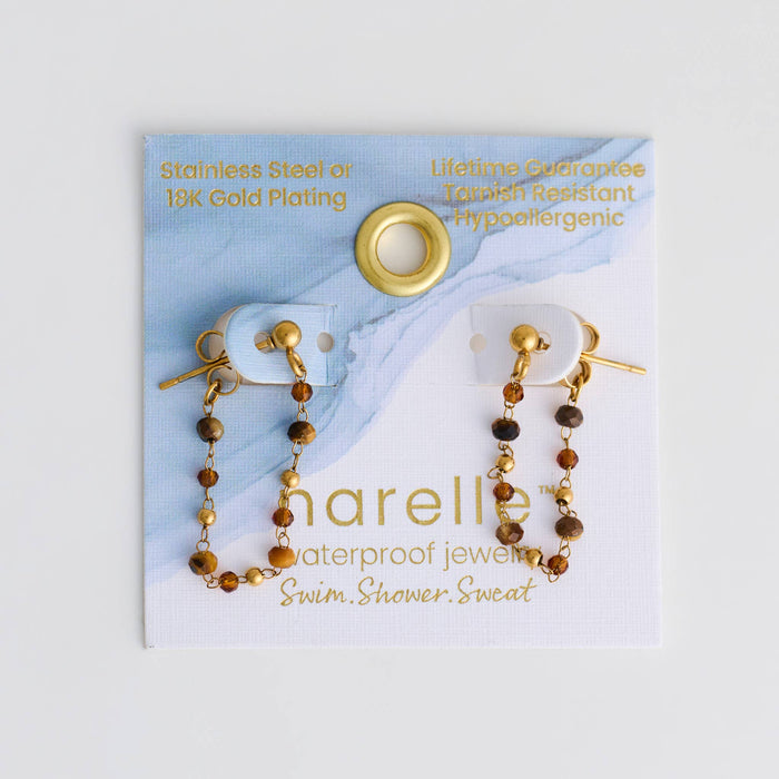 Waterproof Earrings Gemstone Beaded Drop Narelle Gold: Tiger's Eye