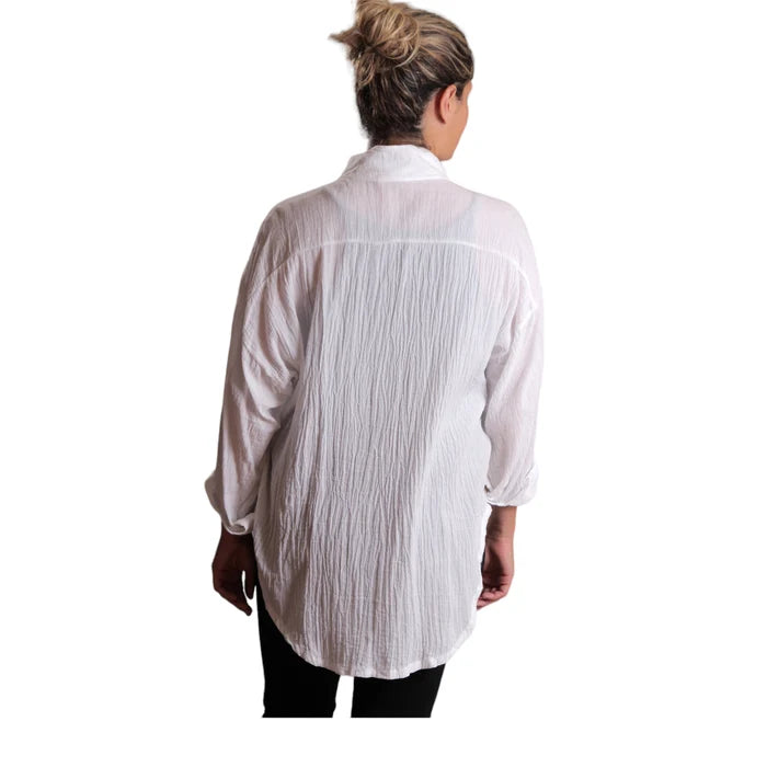 Person wearing a white button-up shirt from behind on a white background