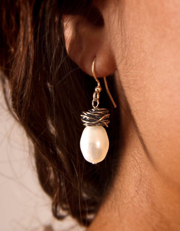 White Freshwater Pearl Drop Earrings Silver Wrapped