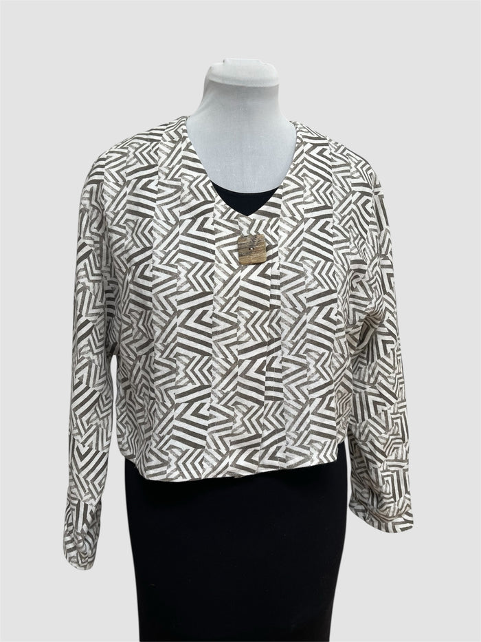White Linen Bolero Jacket Mudcloth Block Print Brown