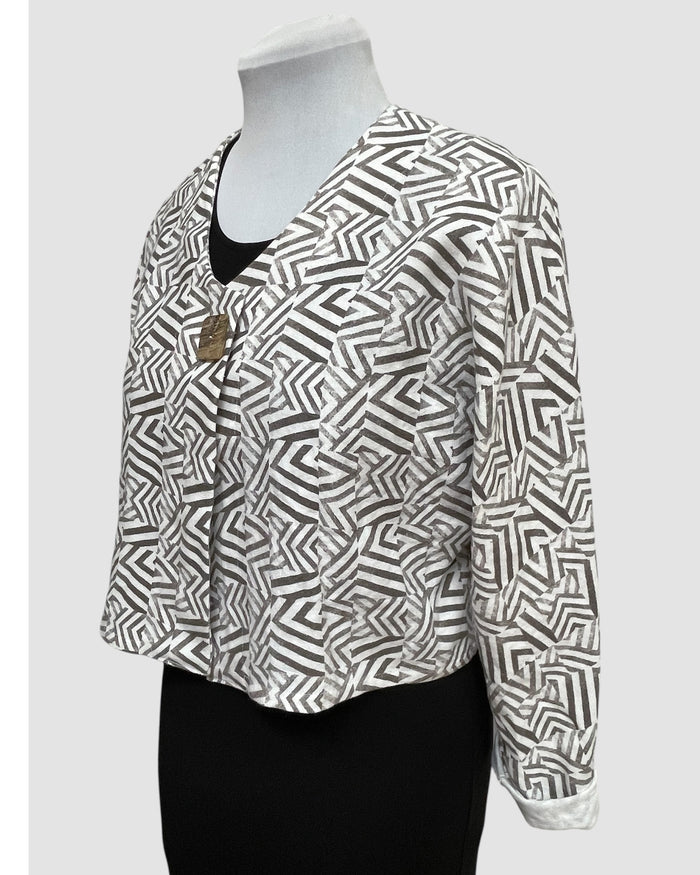 White Linen Bolero Jacket Mudcloth Block Print Brown side