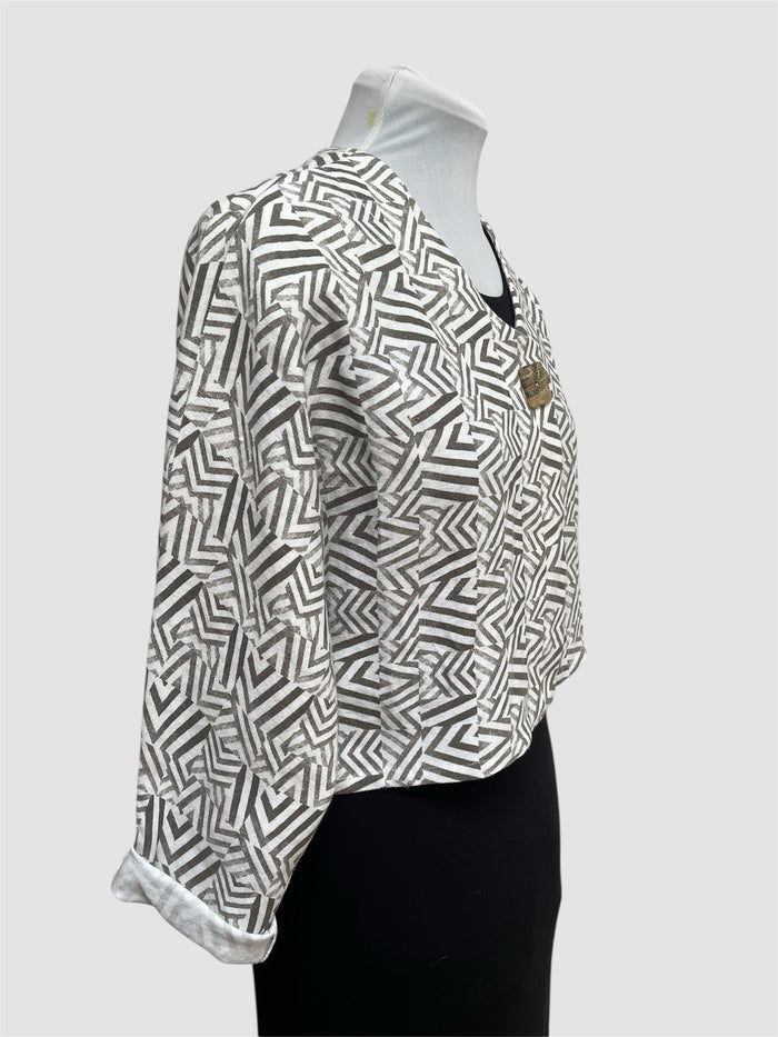 White Linen Bolero Jacket Mudcloth Block Print Brown