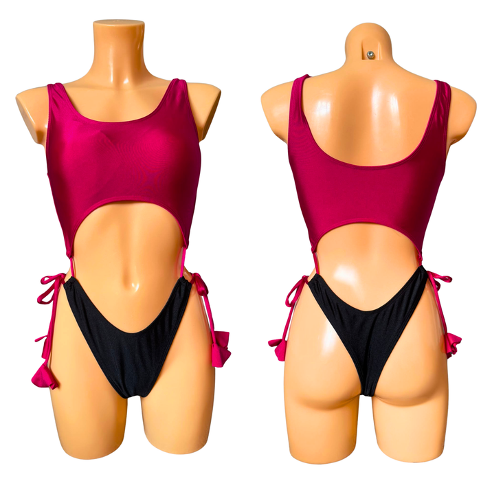 Wine Red & Black Cut-Out One-Piece Swimsuit