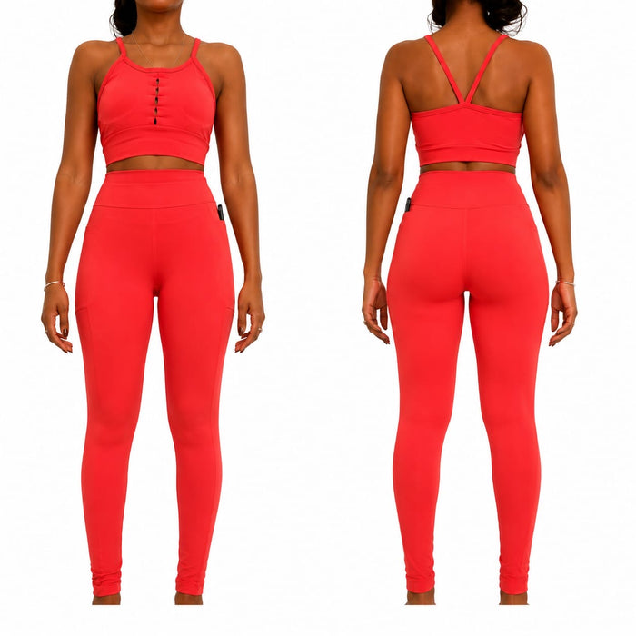Women's 2 Piece Gym Set Crop Top High Waist Leggings Fitness Workout Coral