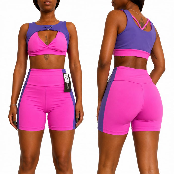 Women's 2 Piece Gym Set Crop Top & High Waist Shorts Fitness Workout Pink Purple