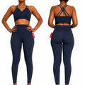 Women’s Criss-Cross Sports Bra & High-Waisted Leggings Set – Navy Blue