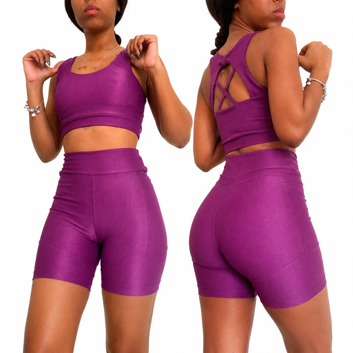 Women's Purple Gym Set High Waist Biker Shorts & Sports Bra, Fitness Activewear