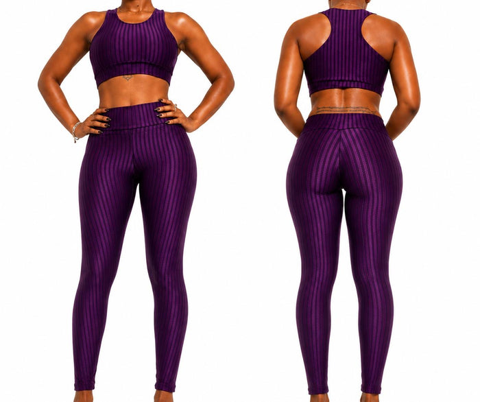 Women's Purple Ribbed Gym Set High Waist Leggings Sports Bra Yoga Fitness