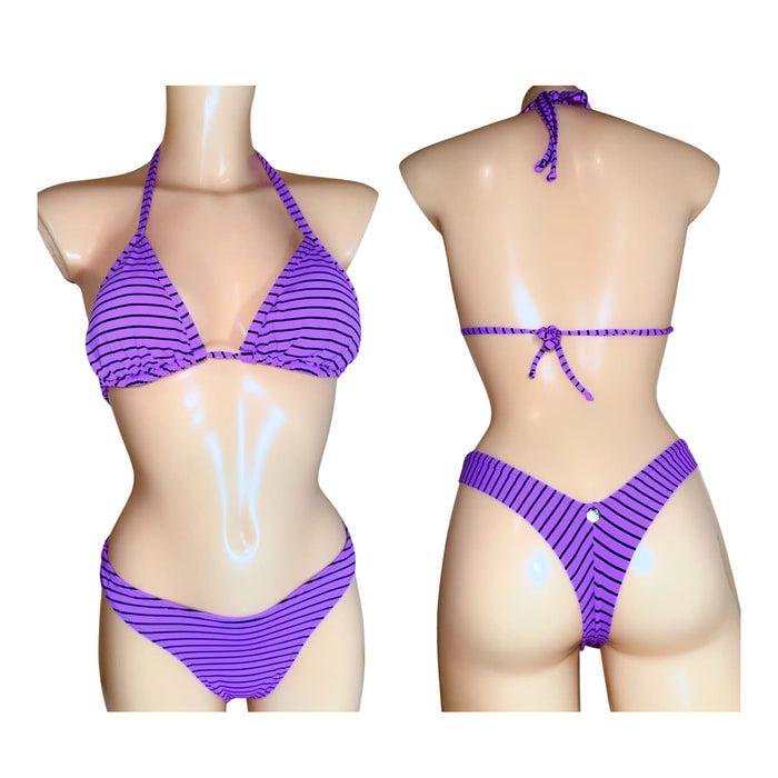 Women’s Purple Striped Bikini – Size S, Triangle Top & Thong Bottom