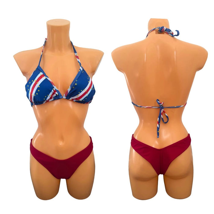 Women’s Two-Piece🇨🇻Bikini Set – Red Bottom & Printed Blue Triangle Top