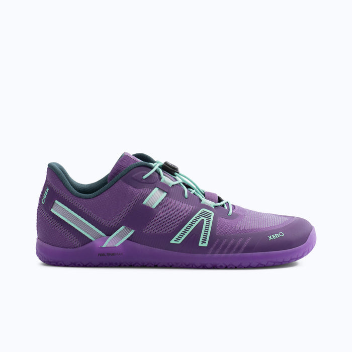 Xero Shoes XT Max Women Shoe in Purple with Mint Blue Quick Laces and with Toe Facing Right