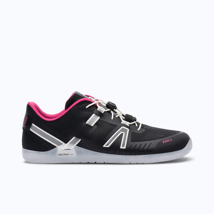 Xero Shoes XT Max Women Shoe in Black with White Quick Laces and with Toe Facing Right