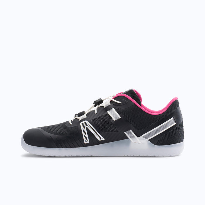 Xero Shoes XT Max Women Shoe in Black with White Quick Laces and with Toe Facing Left