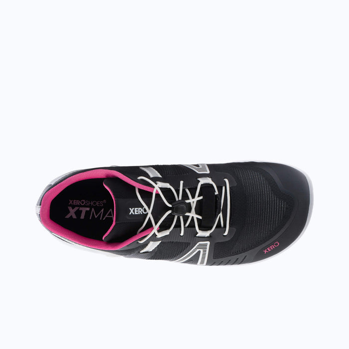 Xero Shoes XT Max Women Shoe in Black with White Quick Laces Top View and with Toe Facing Right